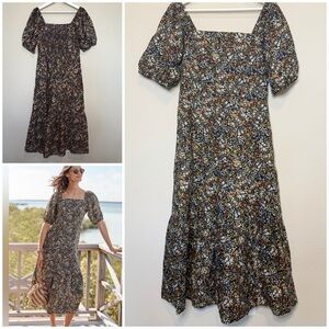 Garnet Hill Linen Puff Sleeve Midi Dress Floral European Flax